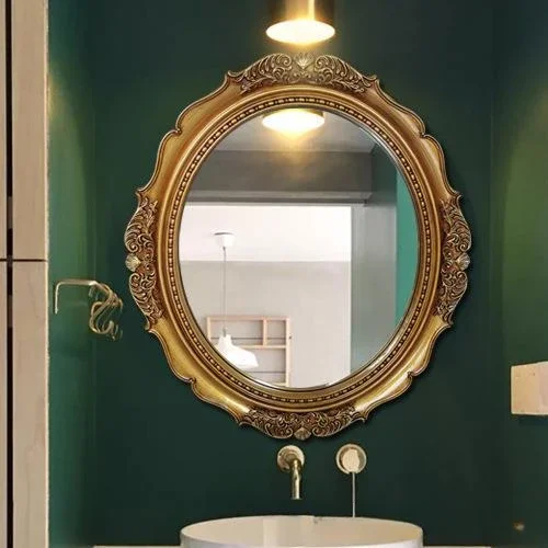 

American Retro Oval European Art Bathroom Entrance Bathroom Mirror Hanging Mirror Bathroom Wall Carved Decorative Mirror