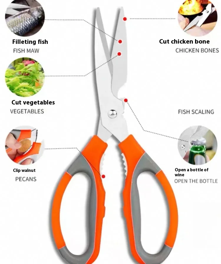 Multi-Functional Stainless Steel Kitchen Scissors Sharp Fish Killing Chicken Bone Food Cutting Scissors for Home Use And Barbecu