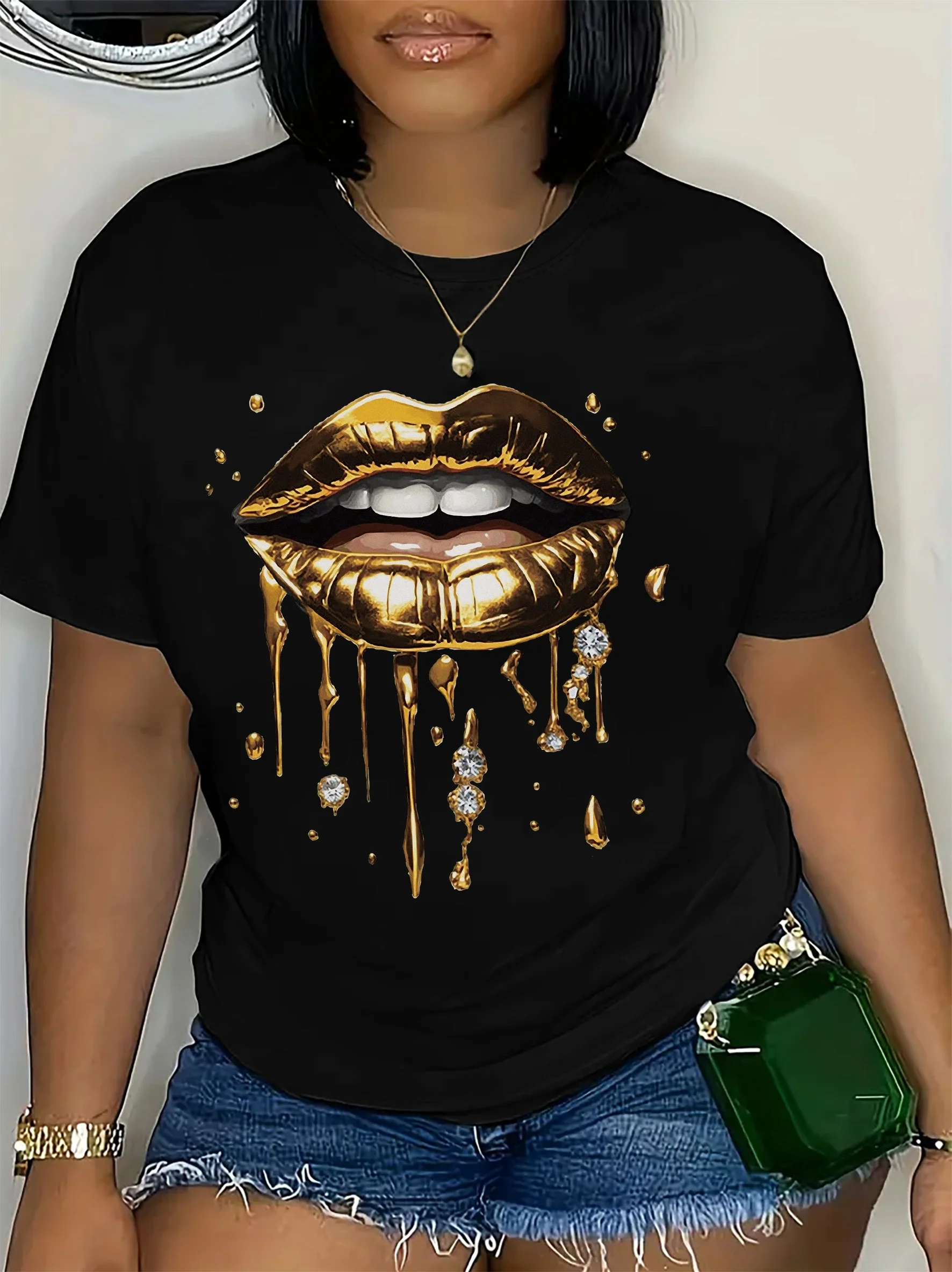 Women's Black Fitted Short Sleeve T-Shirt with Golden Lips Diamond Graphic Print Casual Round Neck Summer Top Aesthetic Clothes