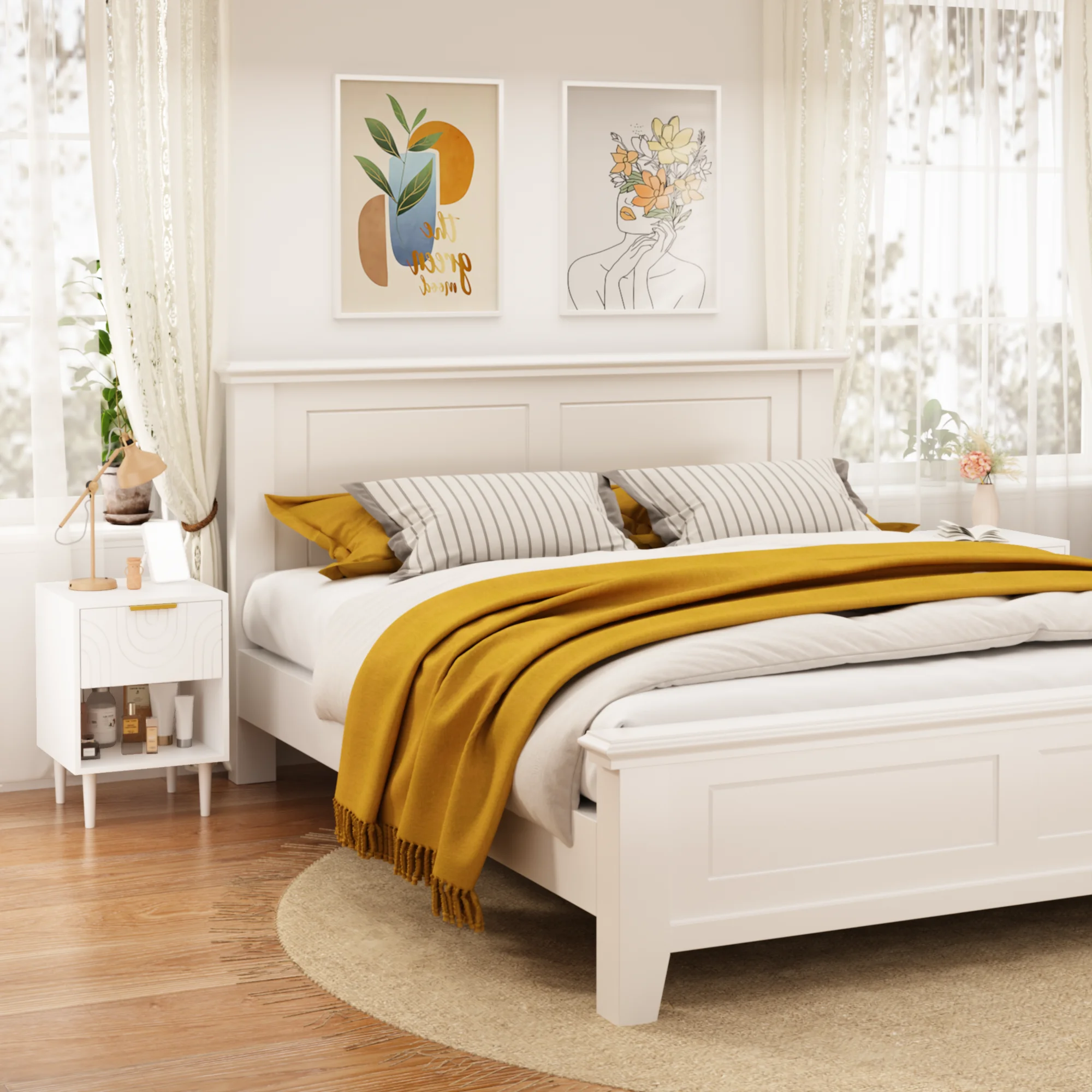 

Modern White Storage Nightstand with 1 Drawer and Open Shelf Gold-Accented Handle for Hotel or Home Bedroom Decor