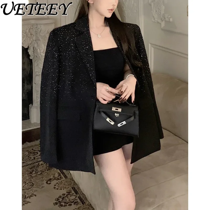 Heavy Embroidery Hot Drilling Blazer Coat Women's Spring Autumn Loose Mid-Length Black New Versatile Long Sleeves Suit Jacket