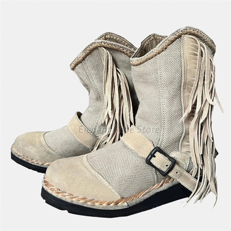 

Retro Canvas Tassels Short Boots for Women Round Toe Back Zipper Belt Buckle Calf Boots Fashion Comfortable Outdoor Casual Shoes