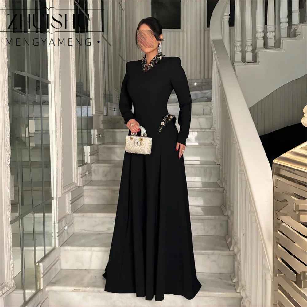 ZHUISHU Charming Black A-Line Long Sleeves Evening Dress Women 2026 Beading V-Neck Appliqued Formal Pleat Party Gowns Customized