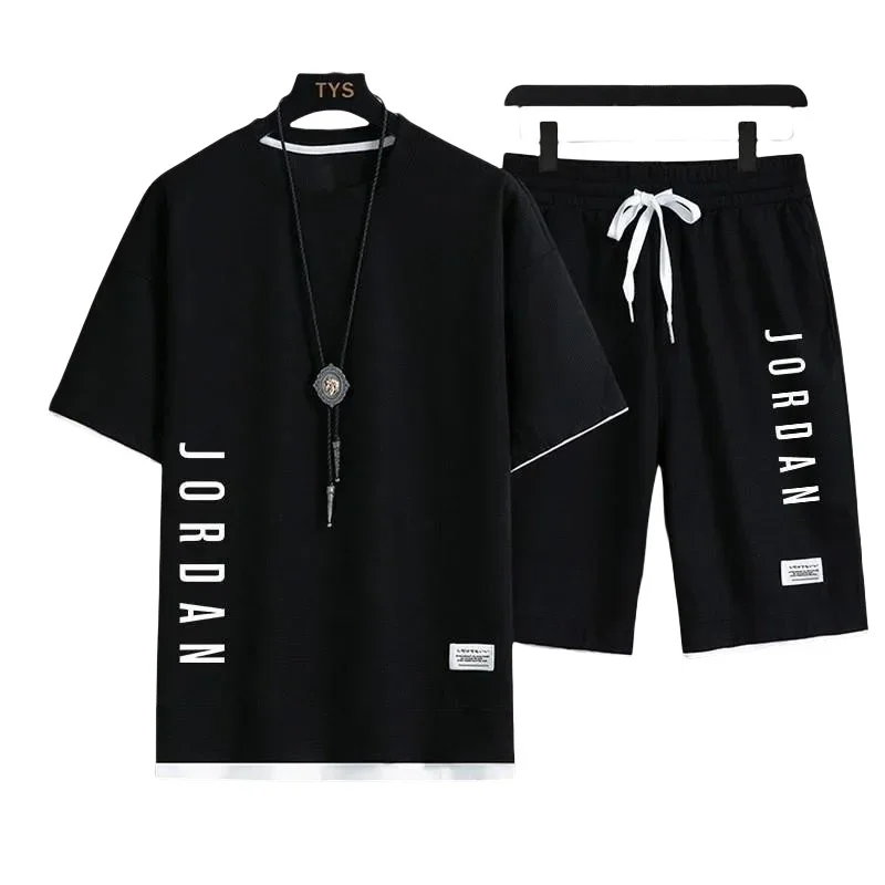 

2025 summer fashion loose short-sleeved casual T-shirt + shorts two-piece men's breathable fast-drying jogging suit