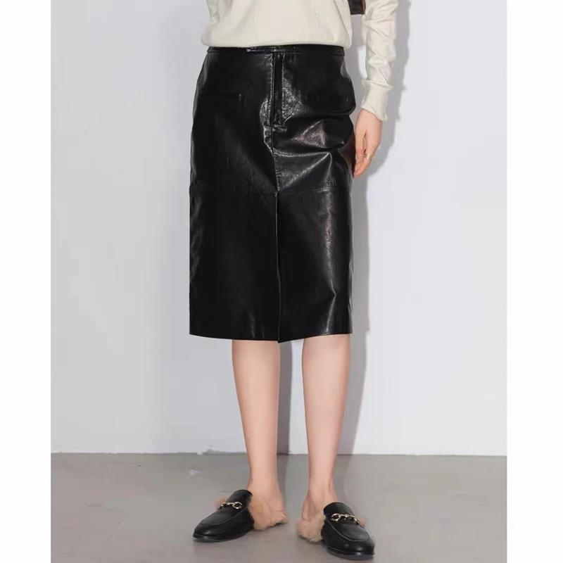 Retro New Genuine Leather Office Lady for Women Cowhide Wrap Long Faldas Mujer Mid Length Pocket Knee-Length