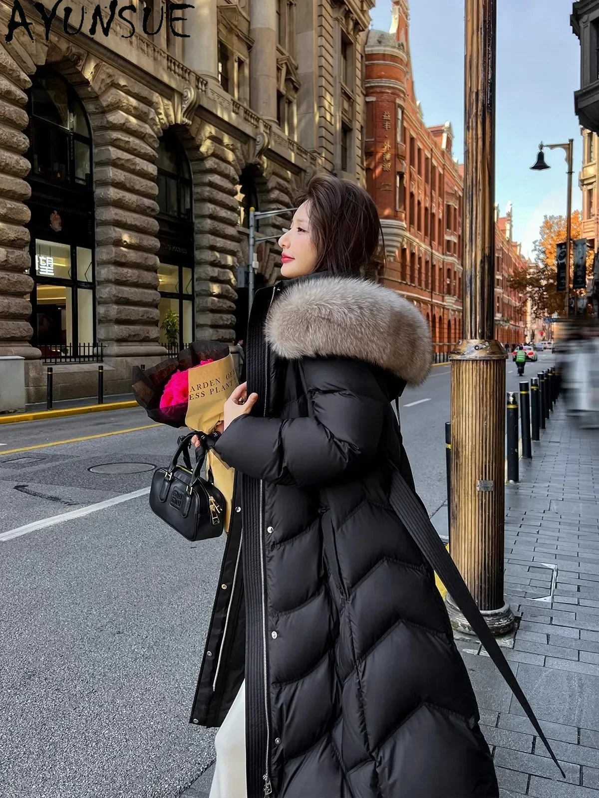 AYUNSUE Goose Down Coats Big Fox Fur Collar Winter Coat Luxury Outerwears Warm Puffer Jackets Clothes Women 2024 Пуховик Женски