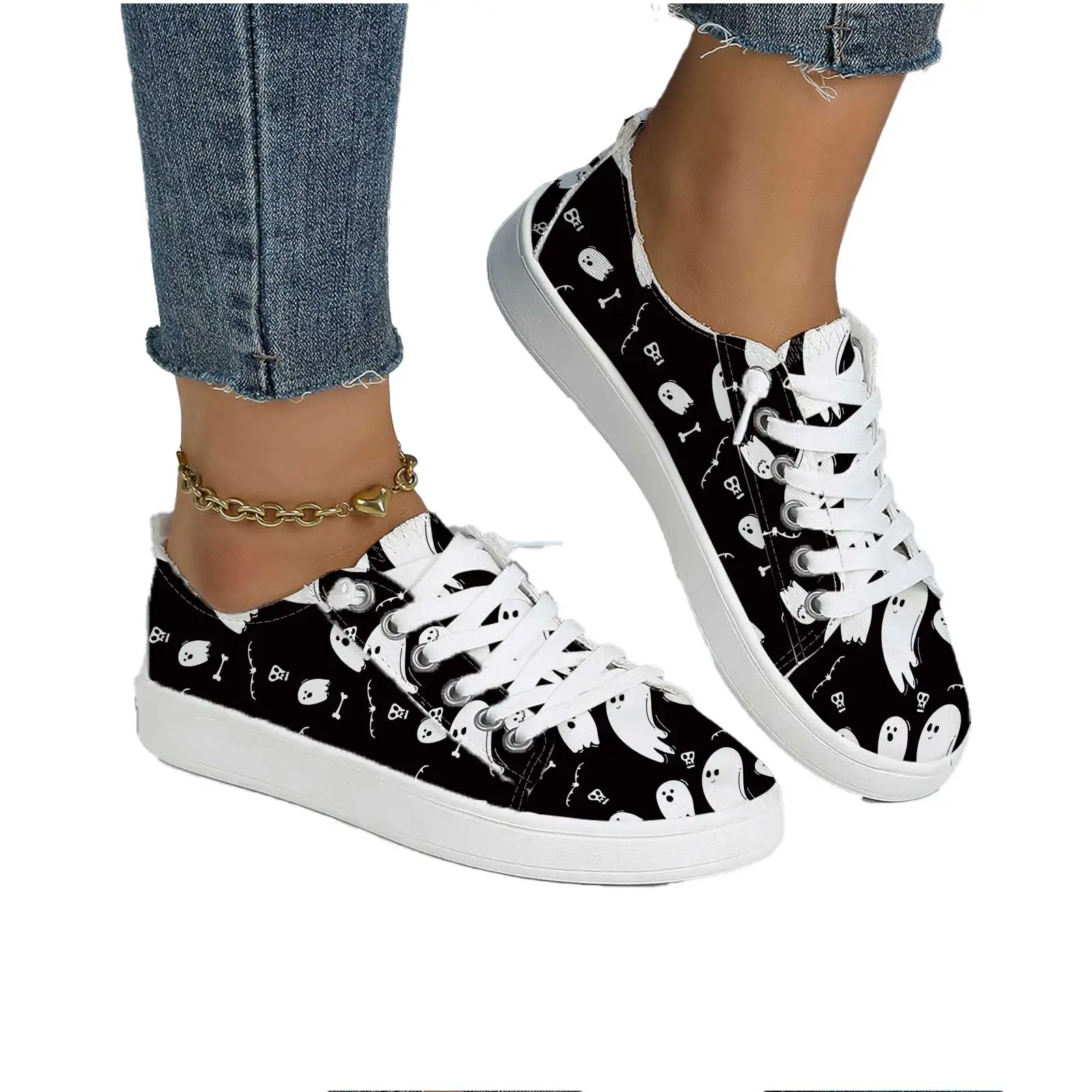 Women's Walking Sneakers, Black‑White Ghost Print, Soft Sole Round Toe Lace‑up for Festival Party Daily Use