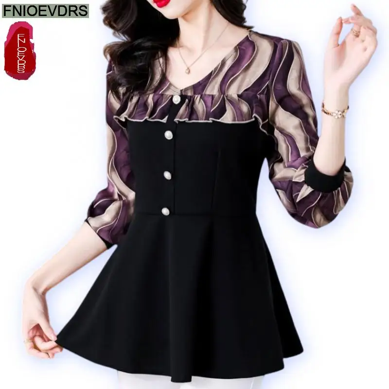 Retro Vintage Purple Ruffles Peplum Tops New Design Women 2024 Autumn Long Sleeve Sequined Tunic Button Shirts Blouses