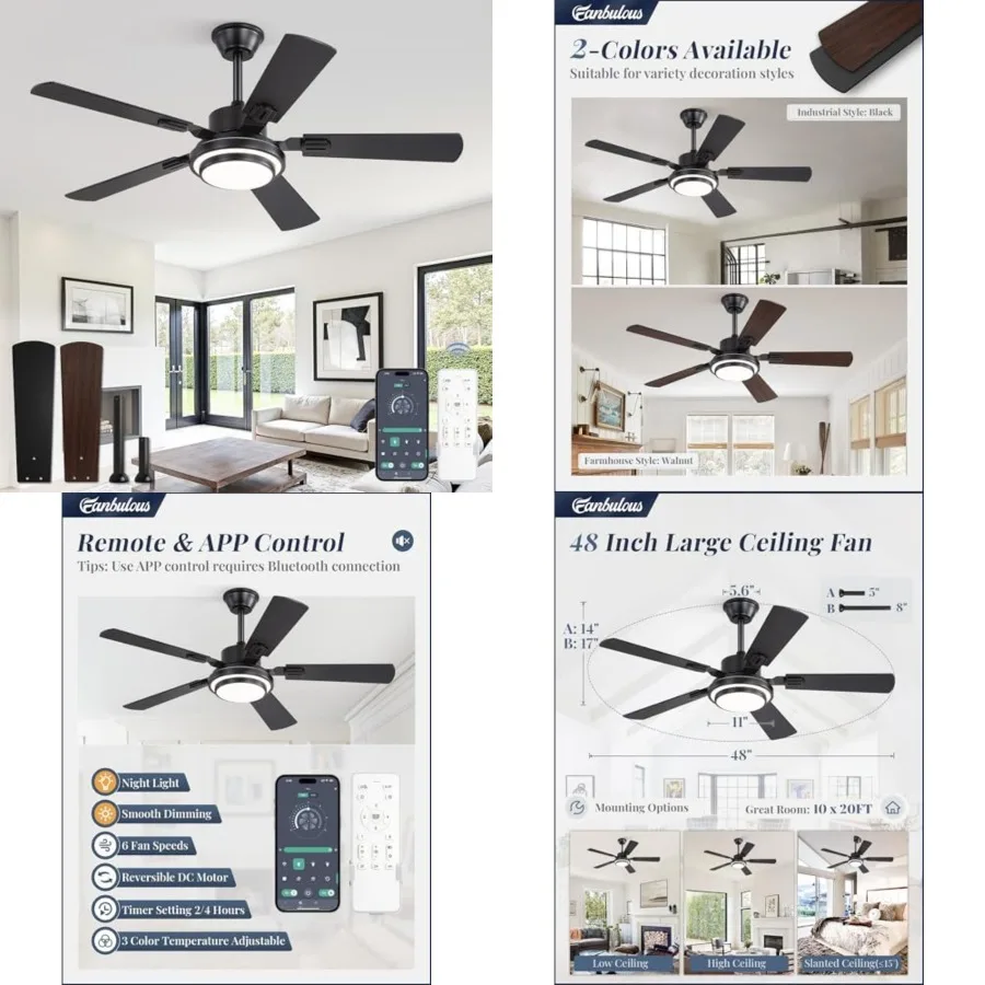 Ceiling Fans with Lights and Remote, Ceiling Fan with 8 Dual-Color Blades, door/Outdoor Large Ceilg Fans, Reversible DC Motor,