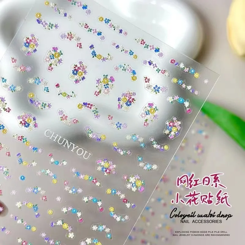 3D Relief Small Flower Nail Stickers French Style Colorful Petal Waterproof Self Adhesive Decals for Nail Decor