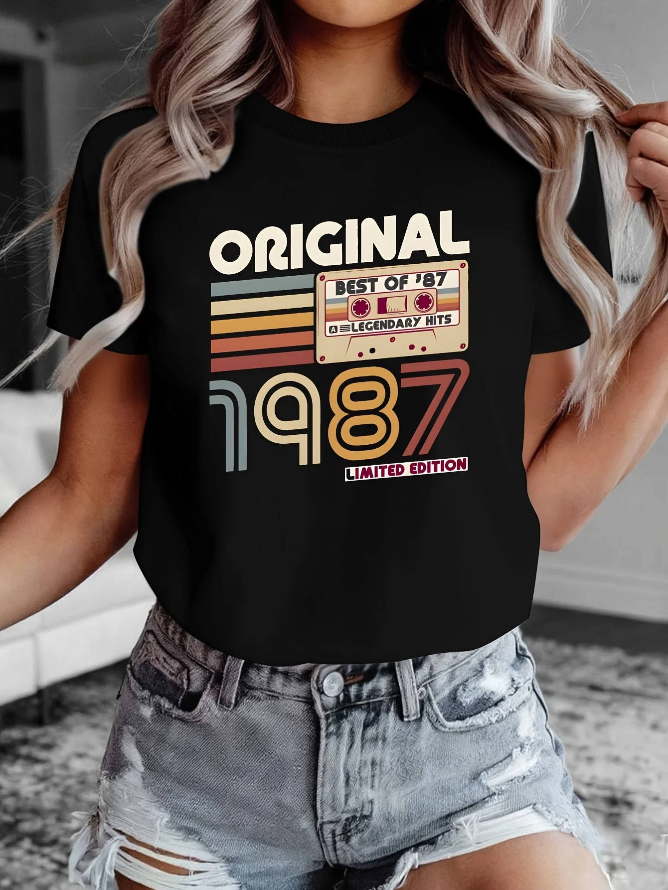 Women's T-shirt 80s Stripe ORIGINAL 1987 LIMITED EDITION Graphic Print Tops Black Short Sleeve Crew Neck T Shirt Clothes Outfit
