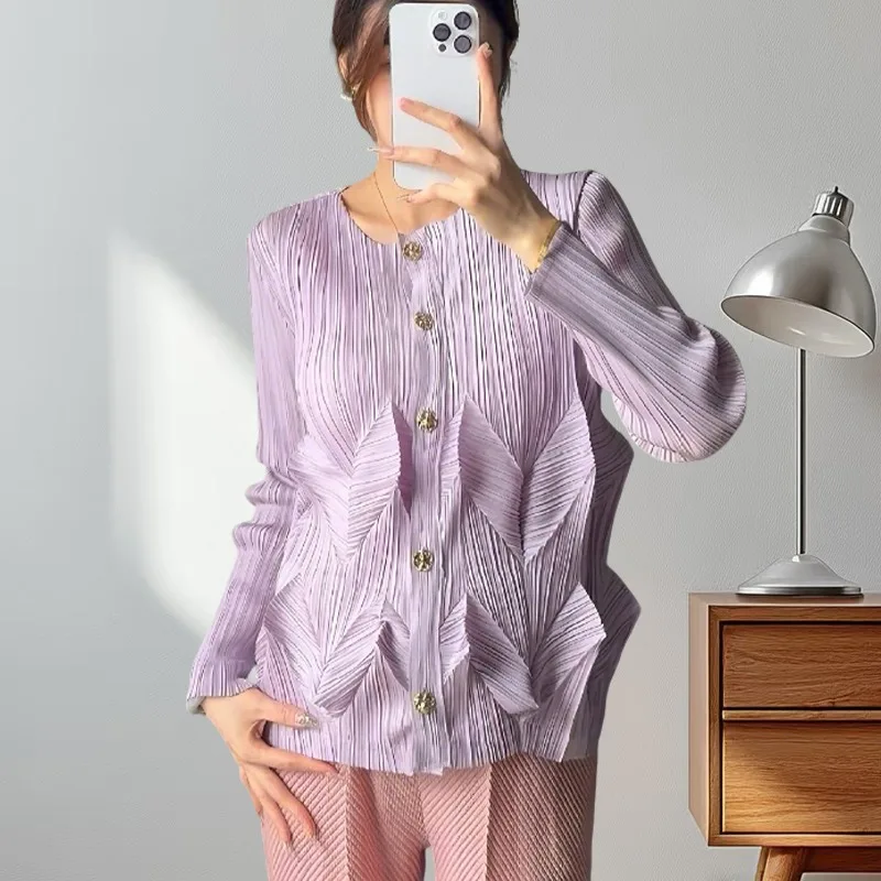

New Miyake Pleated Temperament Elegant Solid Color Cardigan Round Neck Long-sleeved Short Jacket Summer New Versatile Clothing