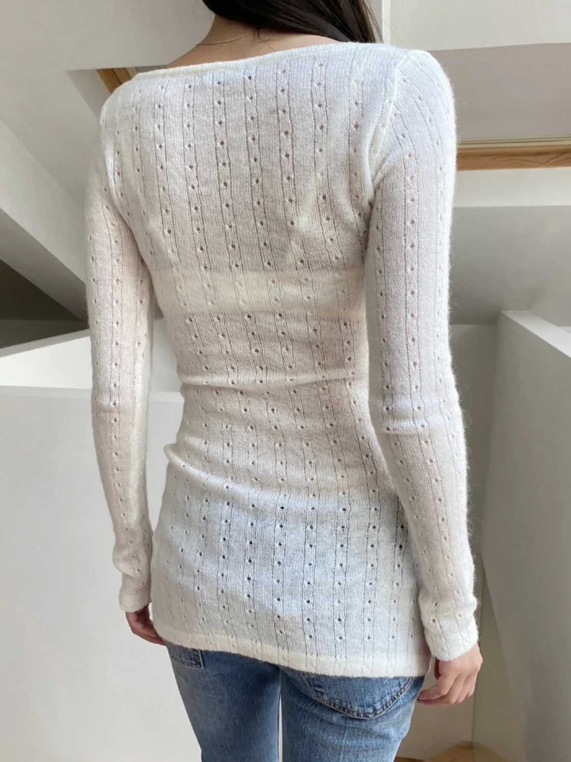 Eyelet Beige Knitted Slim Long Sleeve T-shirt Women Autumn Sexy Scoop Neck Thin Smock Tops Sweet Preppy Style Cotton Tshirts Y2k