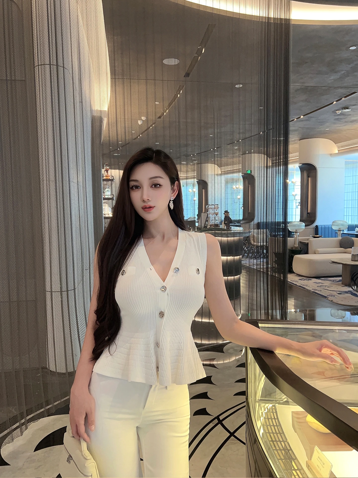 

Women's Knitted Elastic Waist Umbrella Hem Top Korean Sle Slim Fit T-irt V-Ne Svel Moisture ng Summer Wear