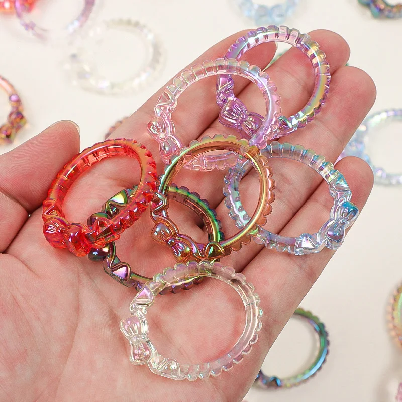 6pcs/set Acrylic AB Plated Ring Cat Ears Bow Perforated Beaded Jewelry Loose Bead DIY Clothing Hairpin Decorative Accessories