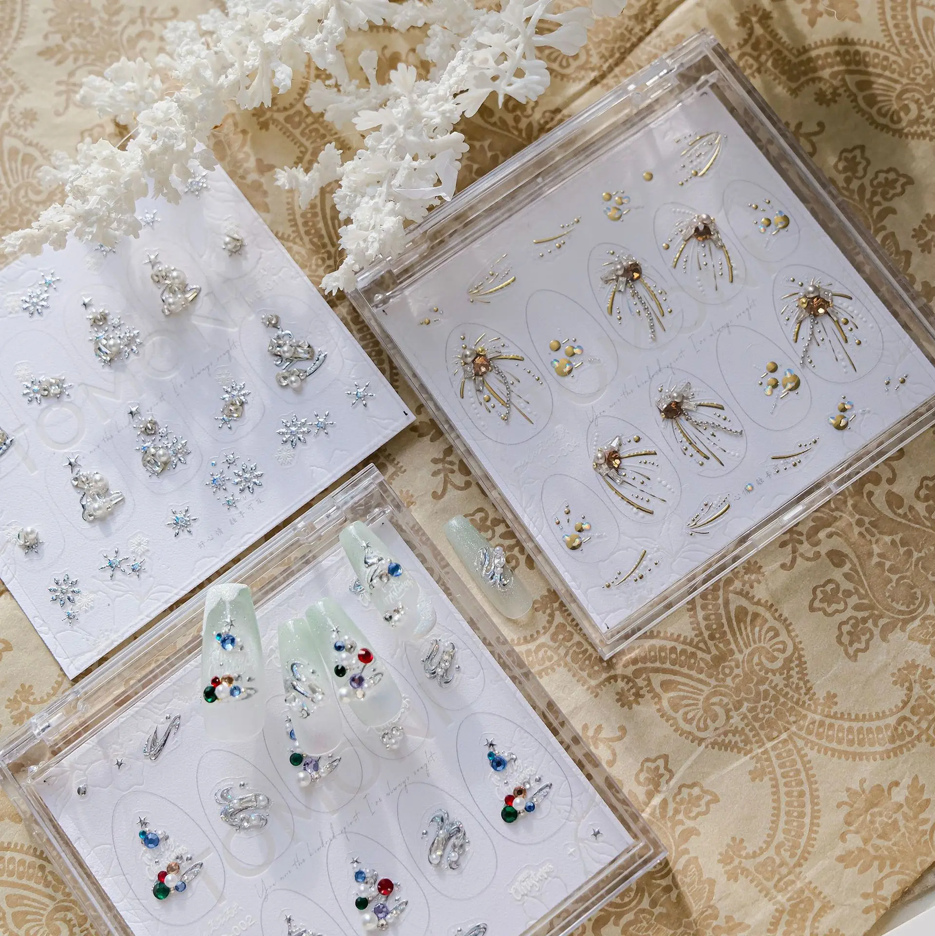 Full-diamond Christmas Nails Art Accessories Stickers Luxury Snowflake Fireworks Nail Diamonds Jewelry Stickers New Box Packed