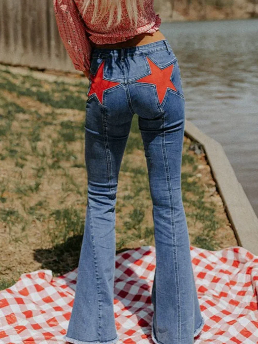 Flare Pants Women Jeans Streetwear Denims Pentagram Patchwork Mid Waist Pockets Distressed Washed Trousers Vintage Boot Cut
