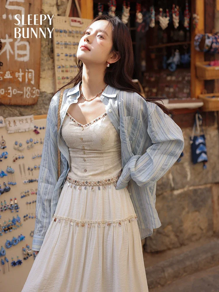 Women Summer Striped Textured Shirt Loose Fit Long Sleeve Button Down Blouse Casual Office Top Lightweight Daily Outerwear