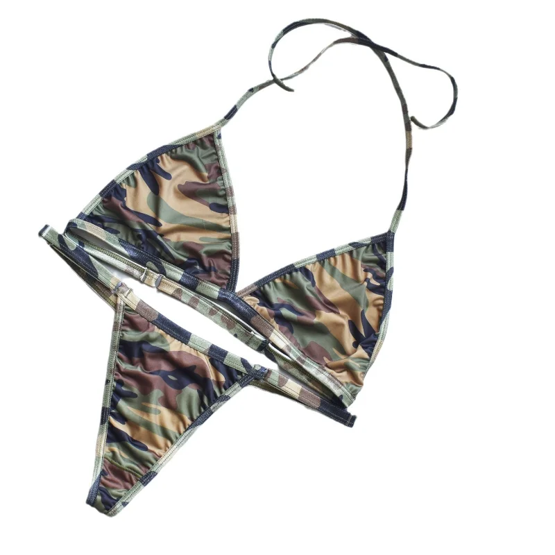 

Women's Swimming Suit Three-Point Camouflage Printed Thong Bikini Quick Drying Swimsuit Bandage Swimwear Low Waist Bathing Suit