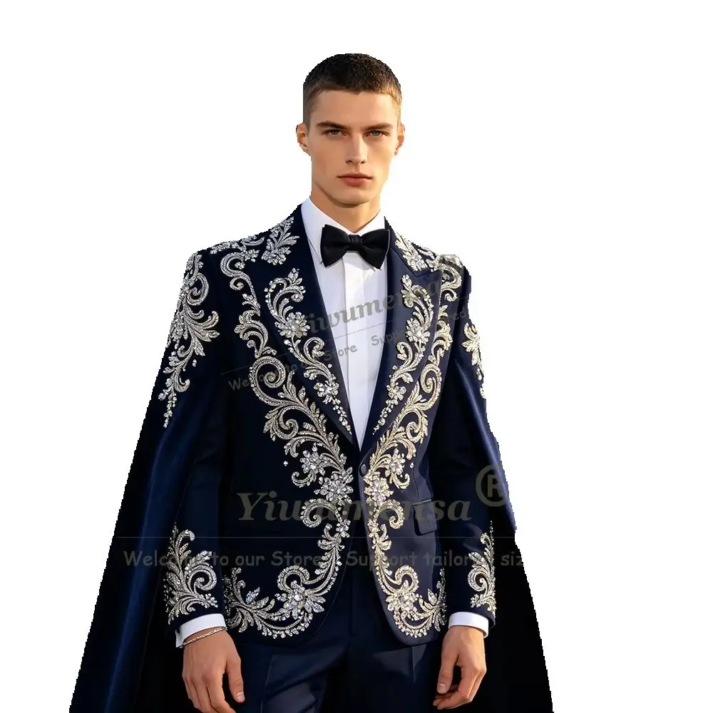Exclusive Navy Blue Suits Men With Long Cape Customized Diamond Beading Jacket Pants 2 Piece Sets Groom Dinner Party Tuxedo Suit