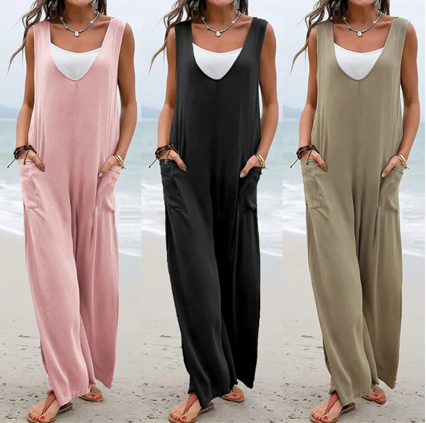 2023 Summer Women's Popular Temperament commuting Sleeveless Pocket Design Wide Leg Sling Jumpsuit