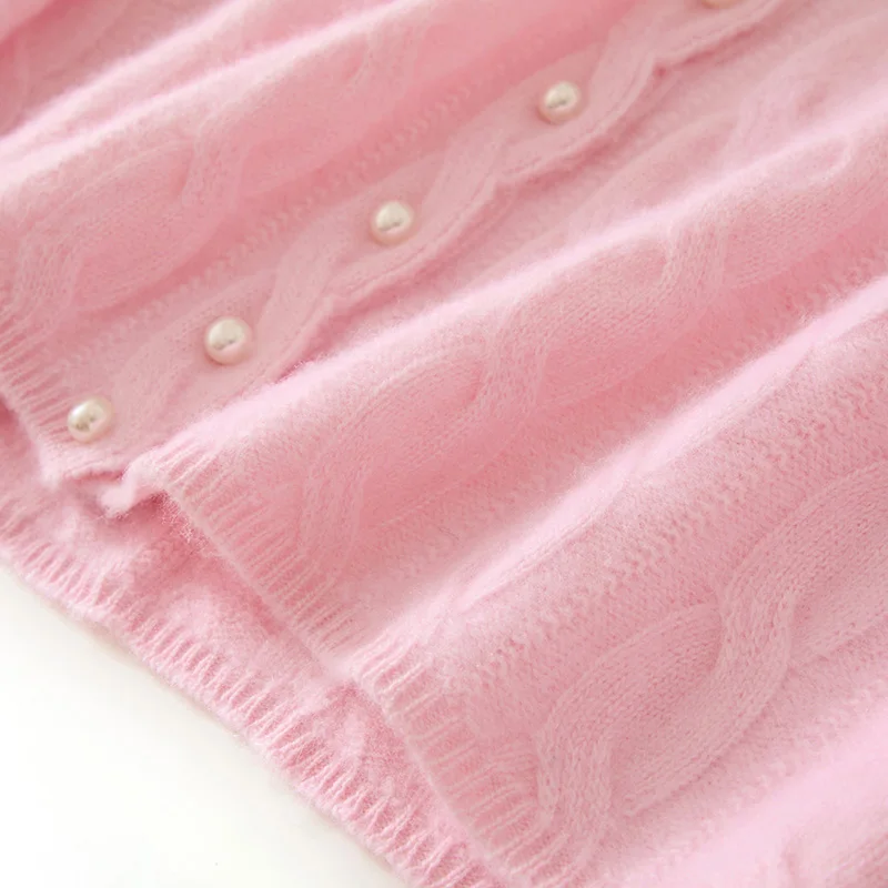 Autumn Winter One Size 7 Needle Pearl Button Women's Cardigan 100% Cashmere Sweater V-Neck Knitted Twist Coat Sweater Base Shirt