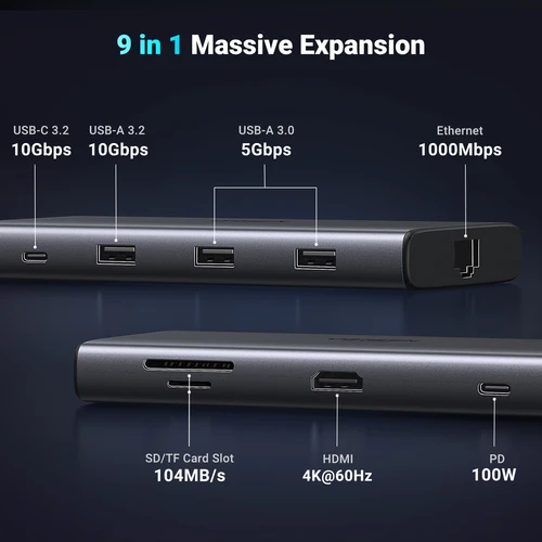 Imagen 2 del producto UGREEN USB C HUB 10Gbps 10 en 1 tipo C a 4K60Hz HDMI RJ45 PD100W SD y TF USB divisor para MacBook iPad accesorios para portátiles acoplamiento