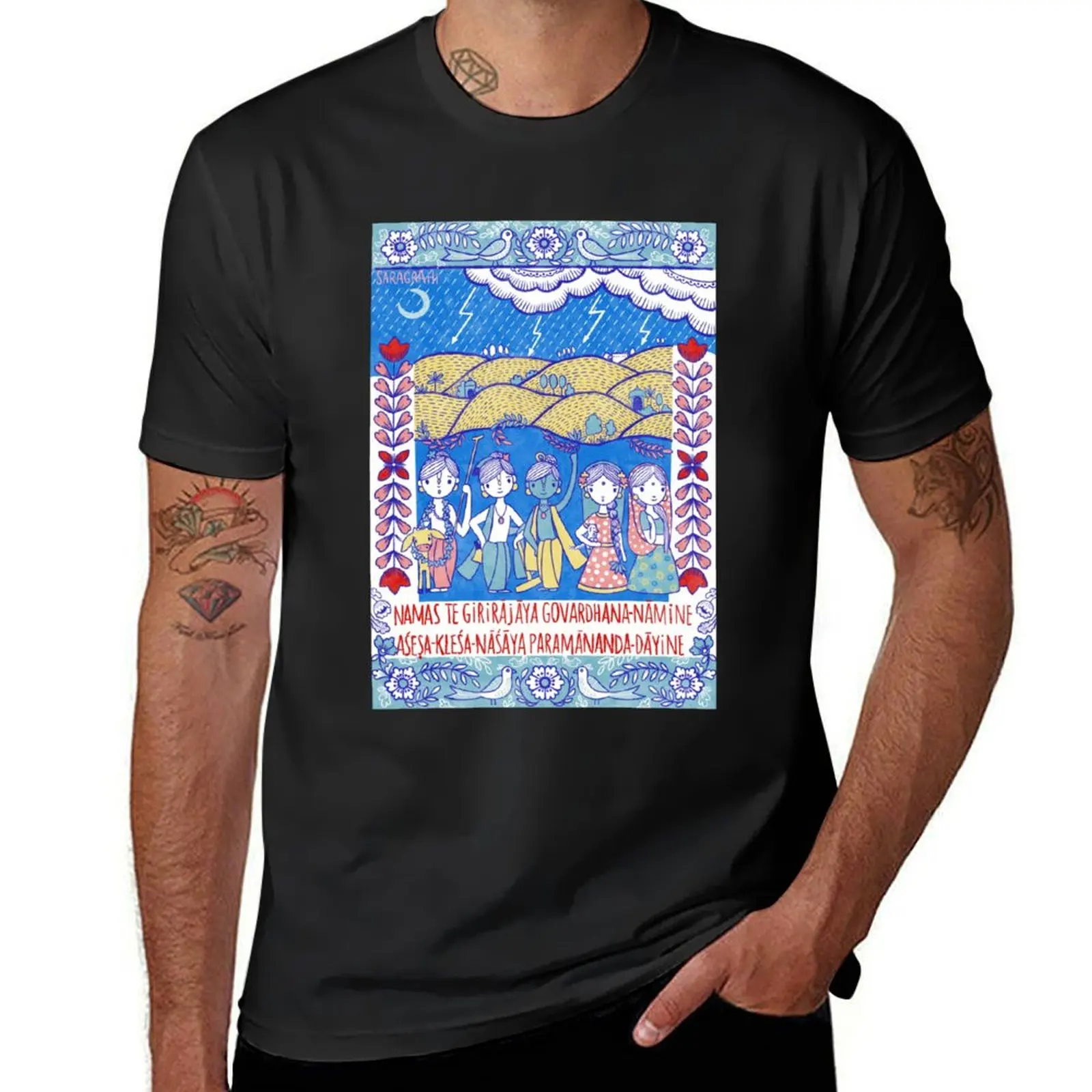 Krishna lifting Govardhana hill. T-Shirt customs blacks kawaii clothes summer tops mens graphic t-shirts