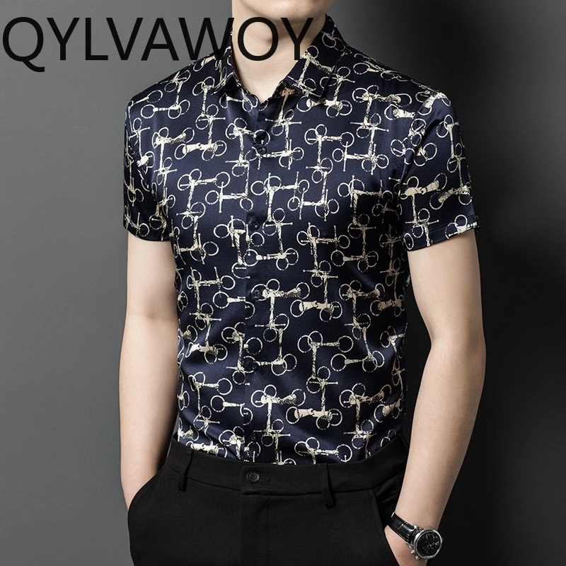 QYLVAWOY 100% Mulberry Silk Men's Shirts Loose Printed Shirt Summer Tops Short Sleeve Shirts for Man Menswear Clothing Business