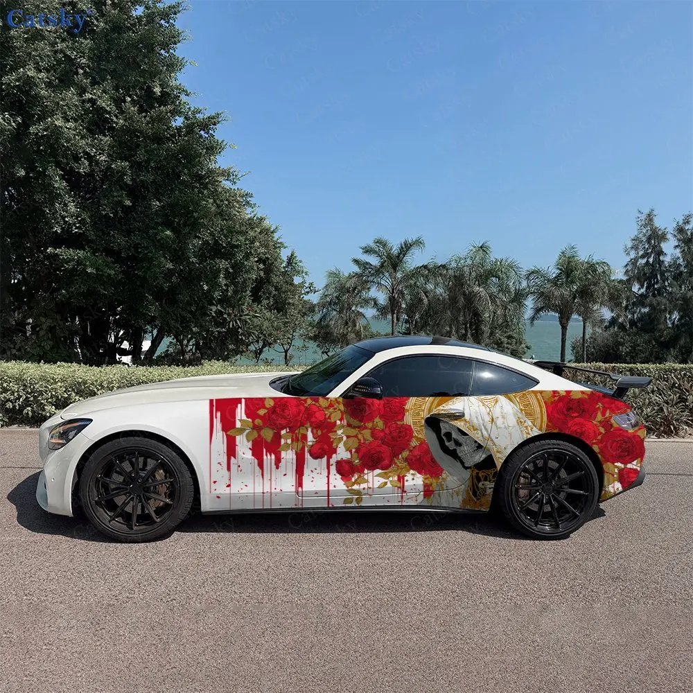 2pcs Blood Drip Red Rose Skull Car Side Wraps, Self-Adhesive PVC Waterproof & Scratch-Resistant Stickers, Car Accessory Gift