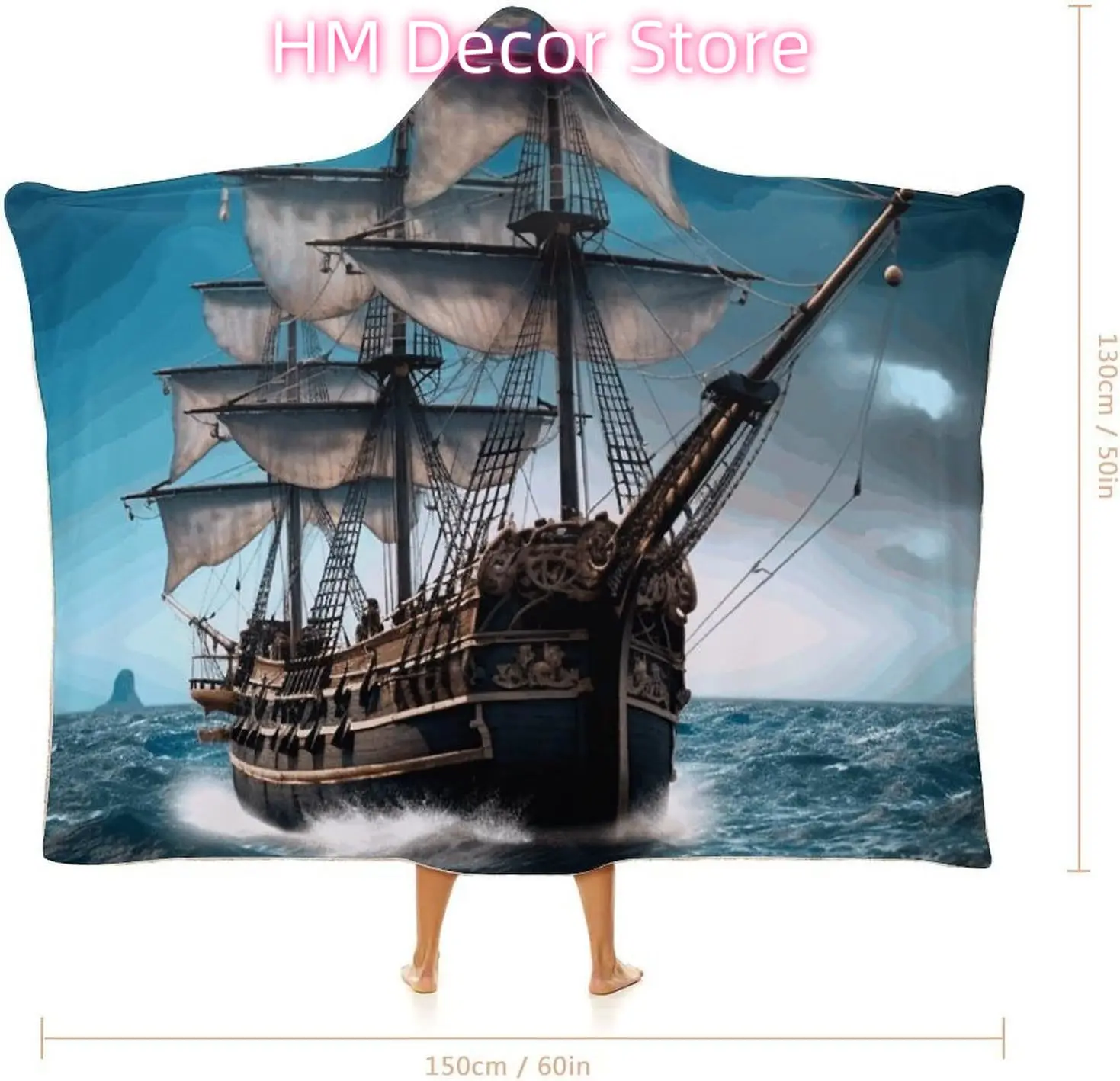 Pirate Ship Wearable Hooded Blanket, Ultra Soft Arctic Velvet Cape Cloak Unisex - Cozy Wearable Blanket