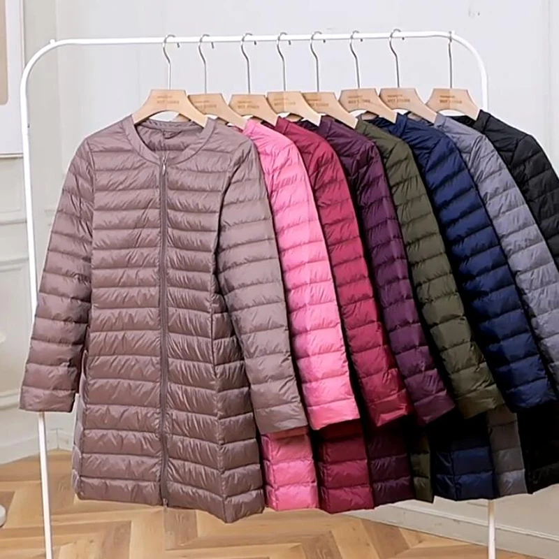 

Women Long Duck Down Jacket O-neck Variable 2023 New Female Winter Keep Warm Collarless Ultralight Quilted Puffer Coat