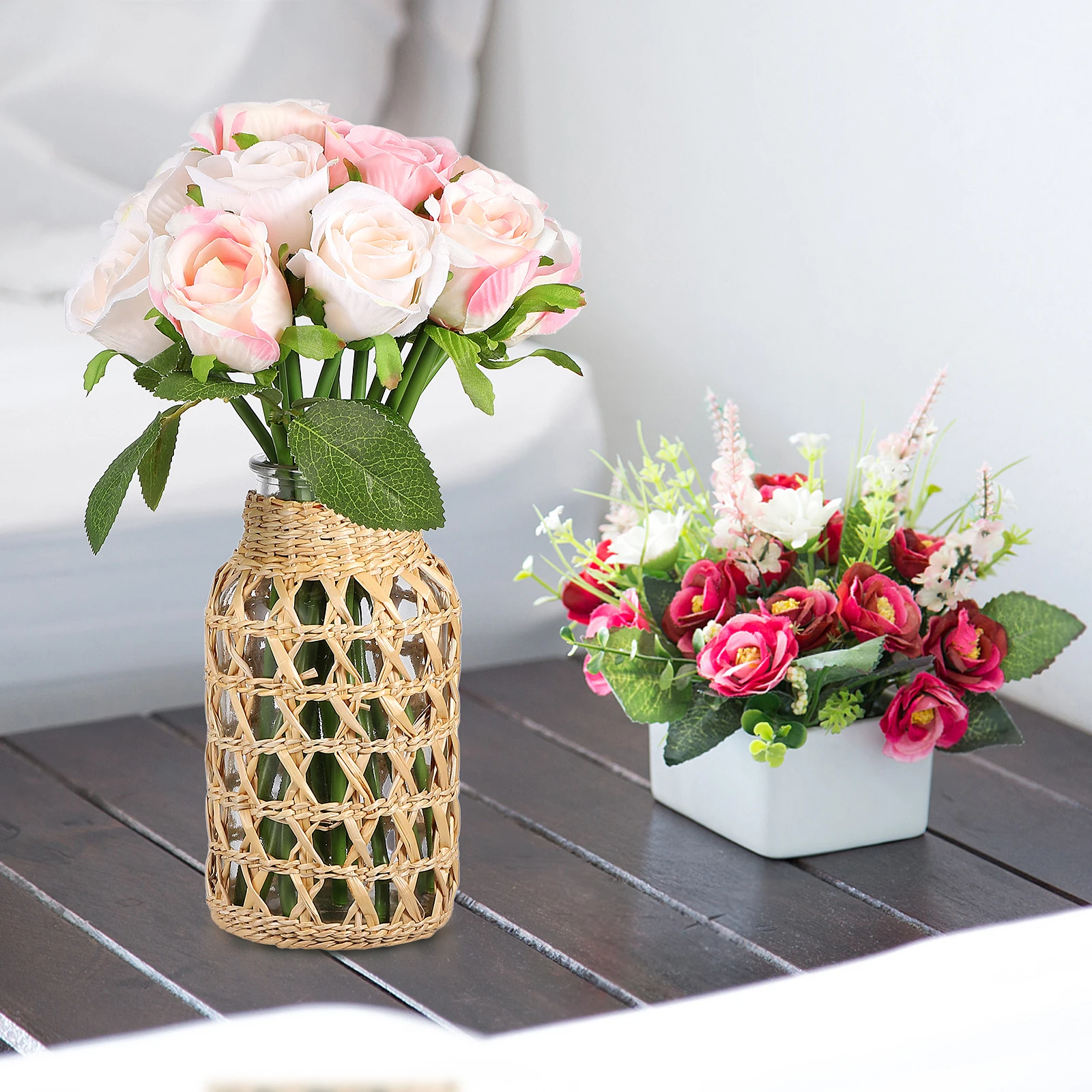 

1pc 1 Piece Rattan Woven Glass Vase Creative Desktop Flower Container Simple Beauty Material Practical Home Decor