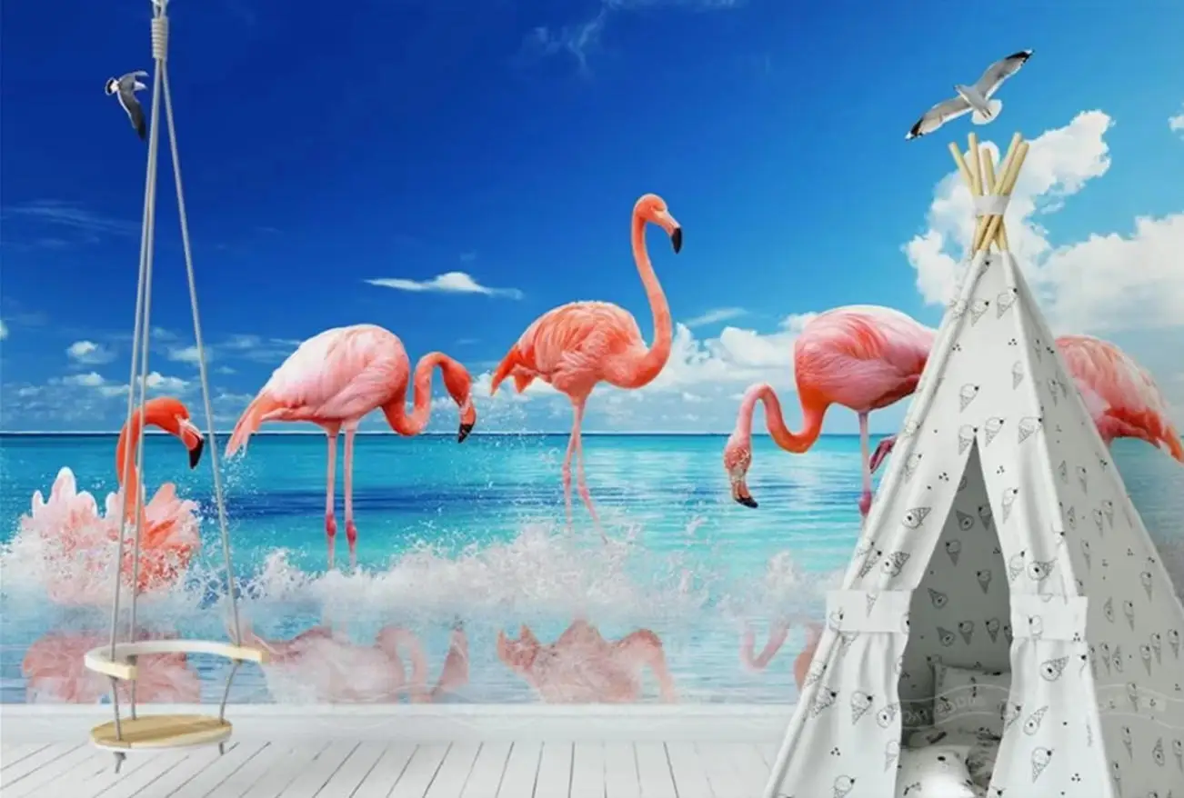 Custom 3d wallpaper hand-painted abstract forest pink Flamingo children's room interior background wall decorative painting