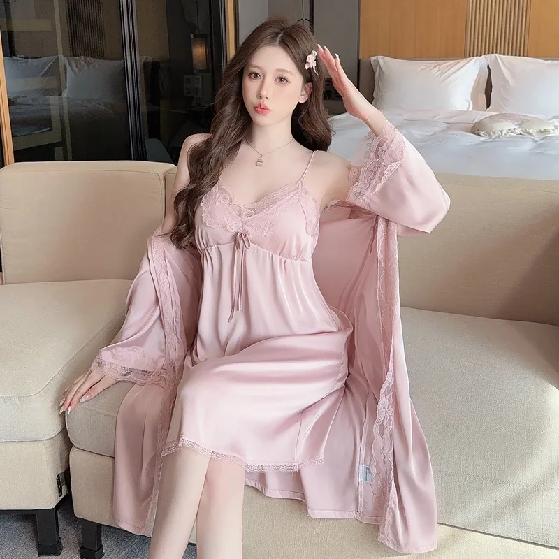 

2PCS Robe Set Lace Kimono Nightdress Women Sleepwear Bathrobe Gown Sleep Suit Summer Satin Home Dress Loungewear