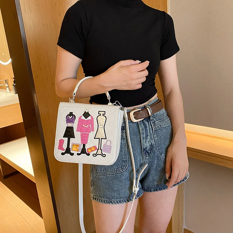 Bag for Women 2023 Japanese Style Embroidered Small Square Bag with Sticker Sticker Graffiti Retro One Shoulder Crossbody Bag