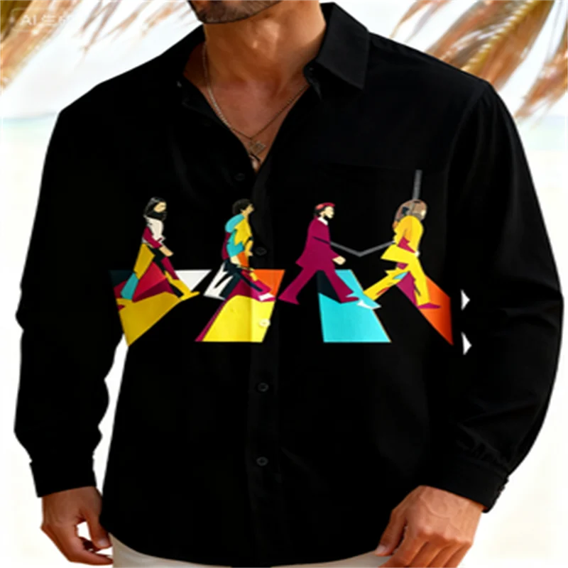 

1960s cartoon music print men's button pocket long sleeved shirt camping shirt flower casual holiday shirt gift