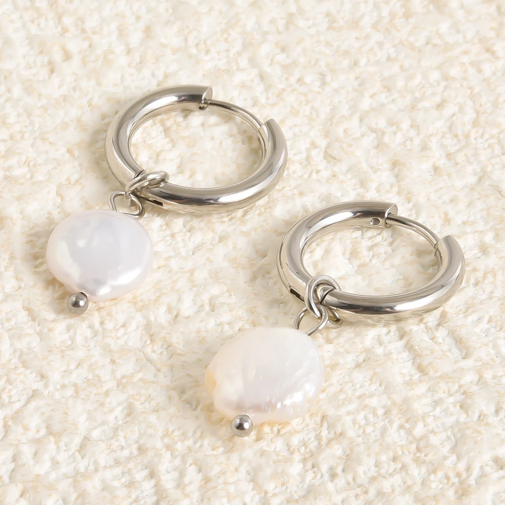 Irregular Flat Round Natural Pearl Necklace & Hoops Earrings Set