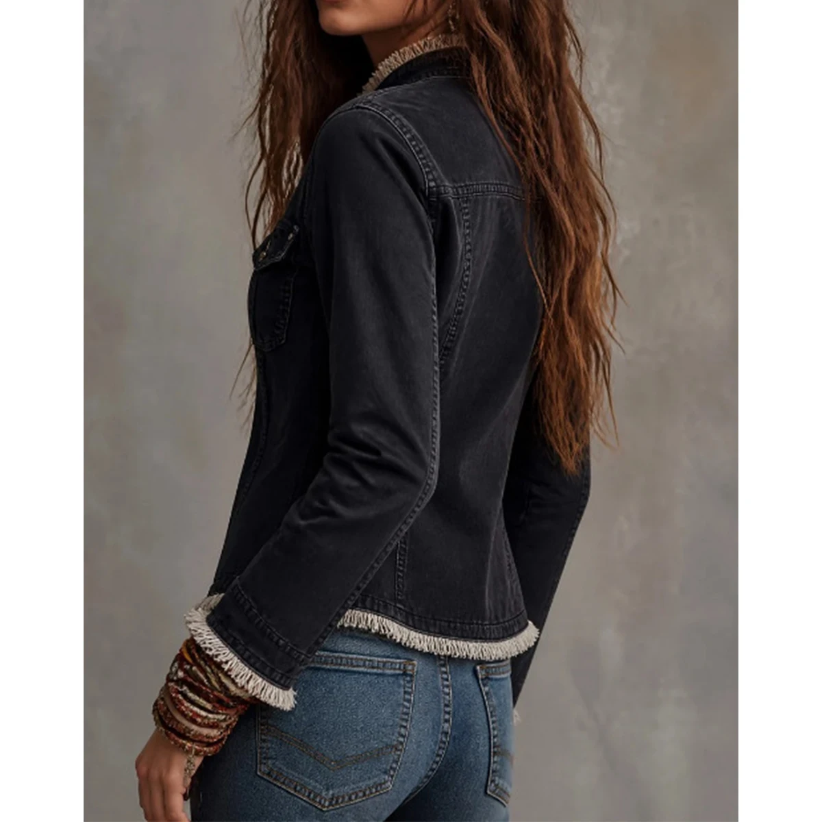 Fitted Waist Zip‑Up Denim Jacket Women Fringe Raw Edge Stand Collar Long Sleeve Coats Vintage Washed Black Jean Outerwear
