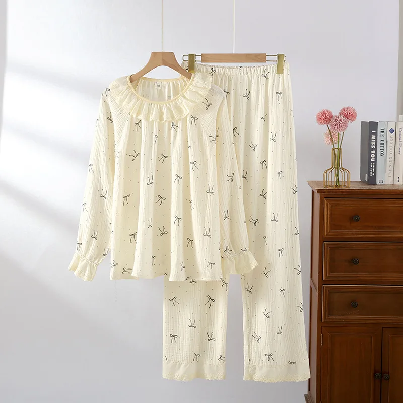 2026 New Spring and Autumn Women's Pajama Set 100% Cotton Sweet and Cute Lace Round Neck Hoodie Two Piece Home Clothing Set