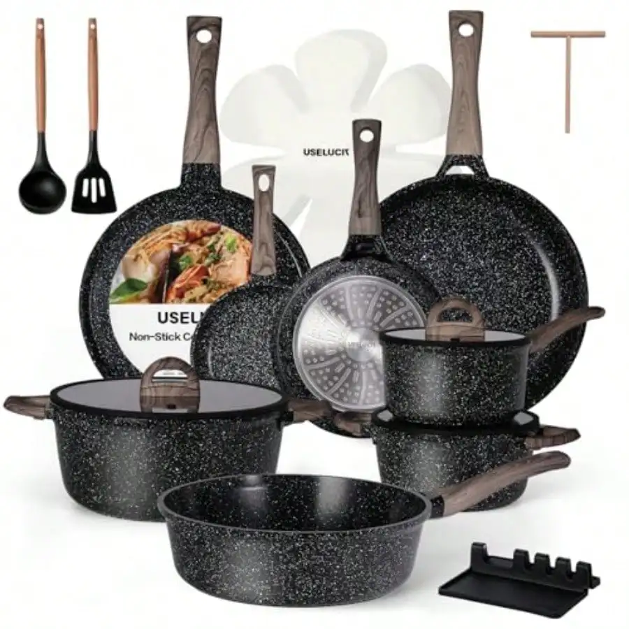 Free Shipping Pots And Pans Set Non Stick 22 Pcs Ceramic Cookware Sets Nonstick Kitchen PotandPan With Lid Black Granite Induction Compatible With Glass Lids Crepe Frying Pan PFOA/