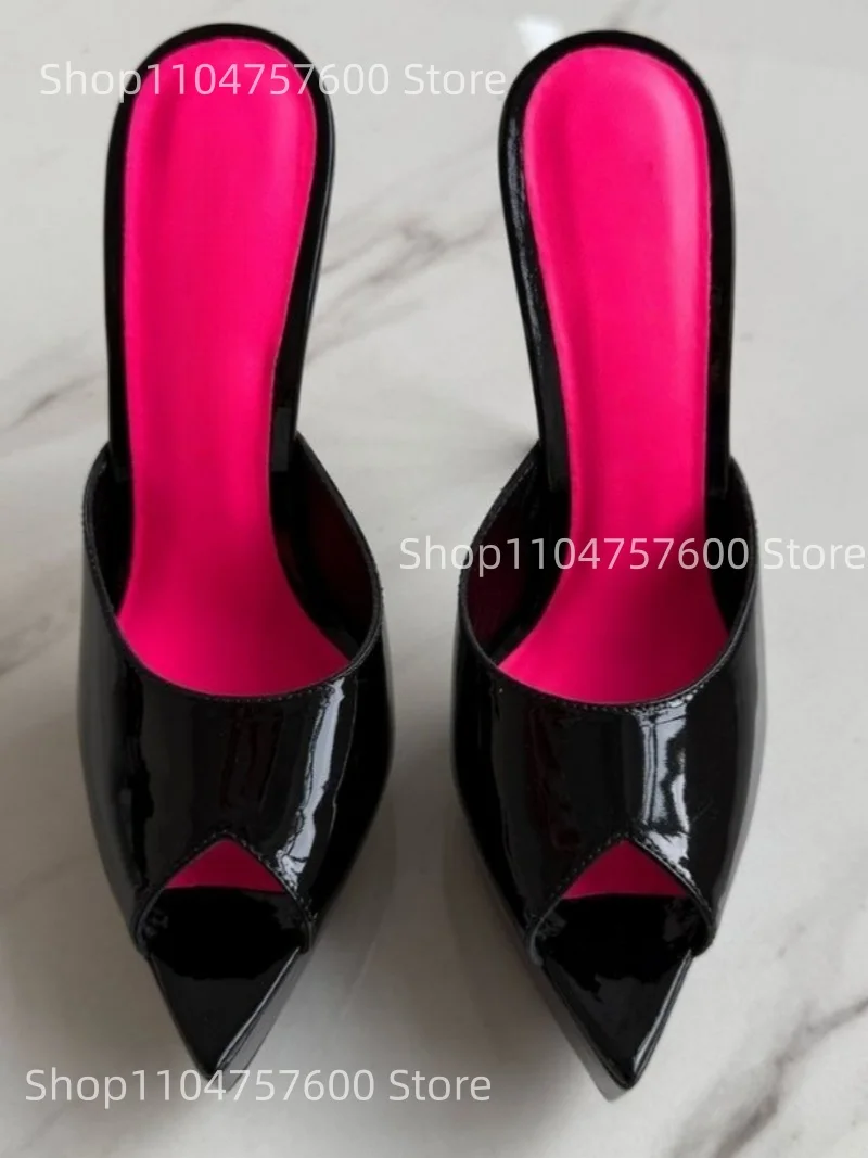 

Women's Patent Leather Peep Toe Platform Mules Shoes Hot Pink Insole Parties Nightclub Edginess Elegant Lady Large Size Slippers