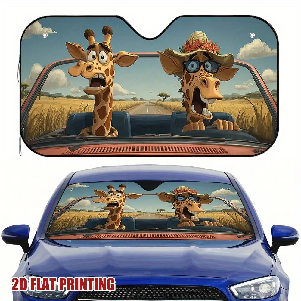 Cartoon Giraffe 2D Flat Print Car Windshield Sunshade Foldable Sun Visor Maintain Cool Interior Travel Parking Essential