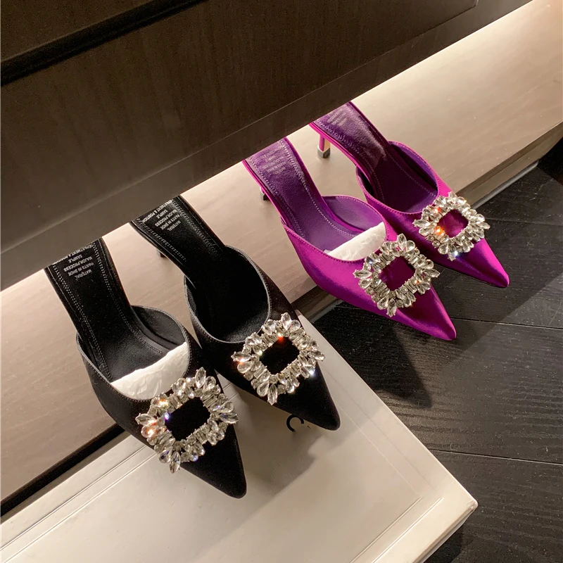 Drestrive 2022 Fashion Mules Crystal Knot Pointed Toe Women\'s Pumps Thin High Heel Summer Shoes Purple Dress Satin
