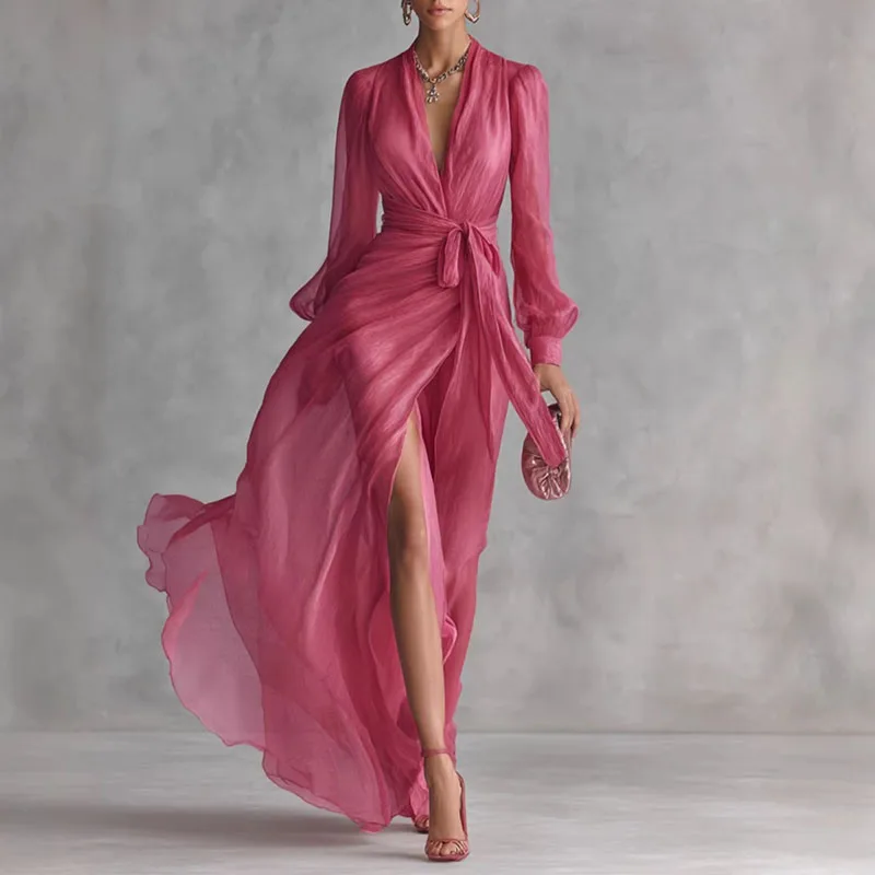 Elegante diep V-hals holle feestjurken dames nieuwe lente wikkeljurk met strik in de taille hoge split lange jurk femme effen lange mouw maxi jurk