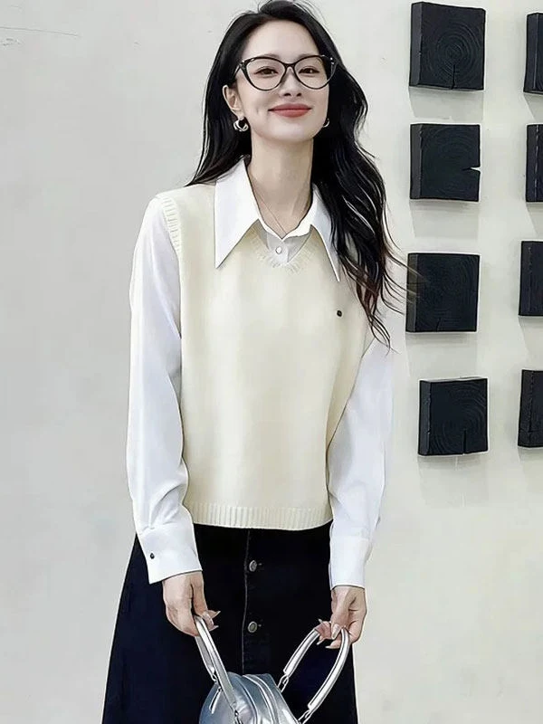 

Весенне-осенний укороченный вязаный жилет с V-образным вырезом для женщин, однотонный базовый топ-майка, теплый, стандартный крой, повседневный стиль