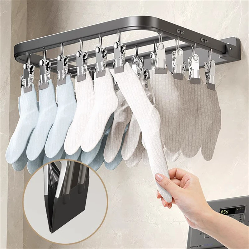 BEISHI Wall Mounted Foldable Aluminum Sock Drying Rack Windproof Clips Clothespin Towel Bra Laundry Hanger Bathroom Accessories