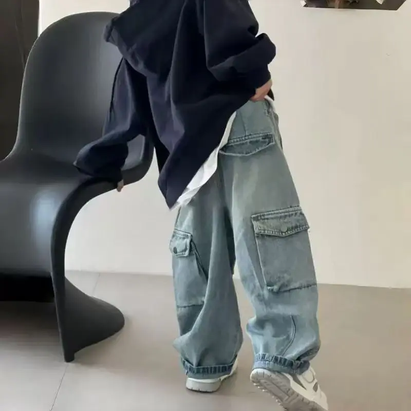 Boys' Streetwear Cargo Jeans 2025 Spring Loose-Fit Trendy Casual Work Pants