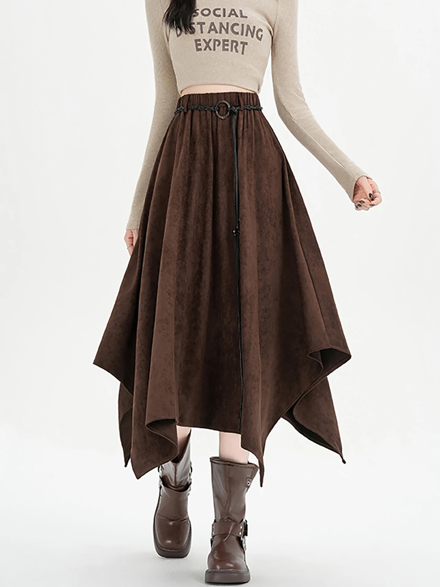 تنورة قصيرة غير متماثلة عالية الخصر من قماش جلد الغزال المخملي المطوي للنساء، موديل جديد لربيع وخريف وشتاء 2025، تنورة على شك...