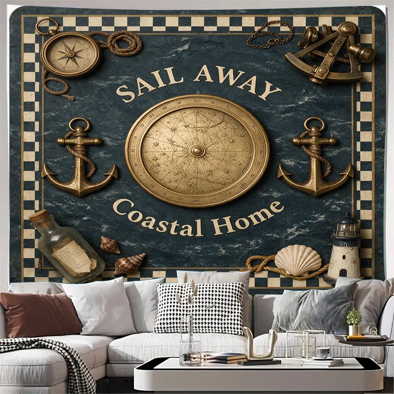Coastal Nautical Window Curtain Panel Tapestry Decor for Beach House Sea Anchor Compass Vintage Marine Sail Away Window Treatmen